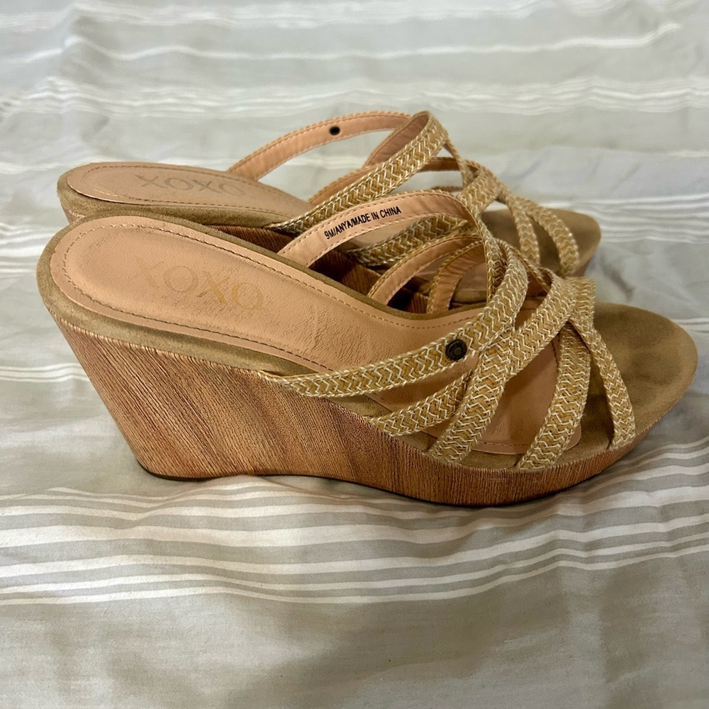 XOXO Tan Wedge Sandals with Intricate Straps